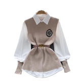 Fongt Style High-Level Sense Of Light Luxury Lady Suit Autumn And Winter Solid Color Loose Long-Sleeved Shirt + Knitted Vest