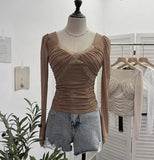 Fongt Wind Belt Chest Mat Lace Splicing Mesh Yarn Long-Sleeved T-Shirt Short Slim Top 2673