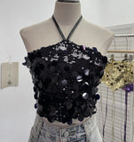 Fongt Industry Bling Bling Glide Hanging Neck Sling Vest One-Style Wrapping Tie With Large Bare Back Blouse 1083