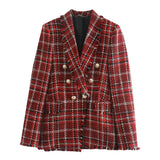 Women 2021 Fashion Double Breasted Tweed Check Blazers Coat Vintage Female Outerwear High Waist Skirt 2-piece