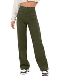 Fongt Fashion New Women's Casual Straight Pants High Waist Button Elastic Belt With Multiple
