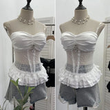 Fongt Eager Heavy-Working Transduce Mesh Lace Spliced Ribbon Ribbon Strap Chest Pad Tector Blouse 2721