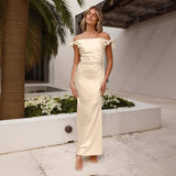 Fongt 2025 Shoulder-To-Shoulder Collar Temperament Strap Elegant Sexy Dress Elastic Tight Ass Long Dress