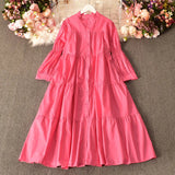 Temperament Aging Solid Color Simple Dress Autumn Dress Korean Version Fashion Bubble Long Sleeves Show Thin Button Long Skirt Women-Outfit