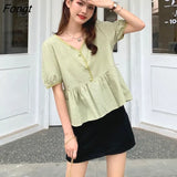 Women Short Sleeve Blouses V-neck Fashionable Plaid Loose Korean Style Cozy S-3XL Students Summer Tops Designer All-match