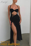 Halter Lace Up Backless Cut Out Maxi Dress Women Mesh High Split Black Goth Party Vestidos 2023 Spring Fall Y2K