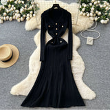 Fongt Fragrant Elegant Collar Long Sleeve Metal Buckle Waist Knitted Dress Autumn Thin Long Dress