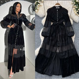 Fongt Dress Women's French Retro Fashion Collar Pearl Single Buckle Lace Splicing Velvet Swoon Long Dress