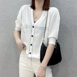 Solid Color Pullovers Fashion Bright Line Decoration Female Casual Loose Commute Pockets Spliced Single-breasted T-shirt-Outfit