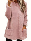 Fongt Women's Autumn And Winter New Long-Sleeved Round-Neck Casual Loose Plush Wear Pocket Top Woman