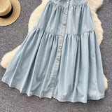 Fongt Ripe Wind Niche High-Grade Buckle Collar Sleeveless Roll-Lens Denim Dress Women's Summer Long Dress