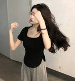 Fongt 2024 New Pure Desire Wind Big U-Collar Hot Girl Top Show Slim Slim Irregular Short-Sleeved T-Shirt Female