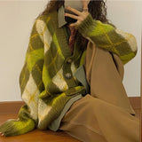 Fongt 2023 New Autumn Winter Loose Green Diamond Sweater Cardigan Coat Thick Lazy Sweater Women-Outfit