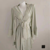 Fongt New Ice Silk Lotus Leaf Side Broad Sleeves Bathrobe New Lady Sexy Lace With Coat Morning Robe