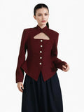 Fongt British Wind 2024 New Standing Collar Hollow Out Waist Irregular Short Texture Long Sleeve Suit Jacket Female-Outfit