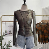 Sunset Sun Dyed Elastic Mesh Yarn T-Shirt Stacked With Long-Sleeved Top Press Line T-Shirt