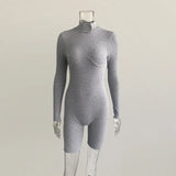 2021 New Arrival Women's Spring Sexy Solid Color Shorts Suit Tight Casual High Cllar Long Sleeve One