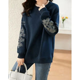 Color Printed Thick Sweatshirts Women's Clothing Autumn Winter Korean Patchwork Loose Long Sleeve Lace Round Neck Pullover-Outfit