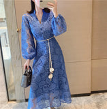 Quality 2022 Autumn Runway Long Dress Women Single-breasted Lantern Sleeves Hollow Embroidered Lace Sashes