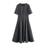 Fongt Women's Clothing Explosion Fashion Waist Wave Wide Swing Short-Sleeved Fan Flute Dress