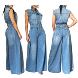 Fongt Women's New Casual Wash Sleeveless Jeans Joined Wide-Leg Pants-Outfit