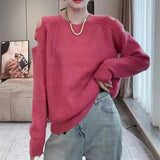 And Winter Korean Version Lazy Wind Hole Exposed Shoulder Pullover Female Design Sense Long-Sleeved Sweater Women's Minority Top Trend-Outfit