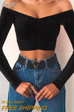 Sleeve Top Corset Top Women Off Shoulder T-Shirt New Year White Crop Top Fall Winter Sexy Solid Tees Streetwear Y2K