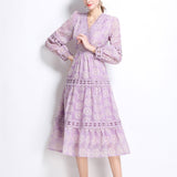 Fongt Court Wind Shattered Flower Lantern Sleeve Dress Women's Spring New Hollow Hook Flower V Collar Light Luxury Temperament Long Dress