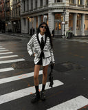 Fongt Women's Black And White Stripes Simple Fashion V-Neck Button Knitted Cardigan Jacket