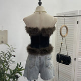 Real-Patted Leather Bra Waist Waist Coat Hair Spliced Pu Leather Slings To Collect Waist Thin Short Sleeveless Top
