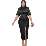 High Neck Tight Skirt Elegant Elegant High Split Pleated Dress Women's Casual Solid Color Evening Dress-Outfit