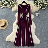 Fongt High-End Sense Niche Fashion Side To Receive Waist Round Collar Long-Sleeved Sweater Dress Female Thin Dress