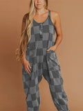 Fongt Women's Check-Print Leisure Large Pocket Jumpsuit Wish Loose Back