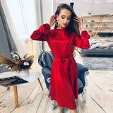 Solid Satin Casual Loose Dress O Neck Lantern Sleeve Sashes High Waist Elegant Mid Dress 2021 Spring New Women Party