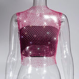 Fongt Nightclub Dresses Fishnet Hollow Out Rhinestone Vest Mesh Flash Diamond Sling Top