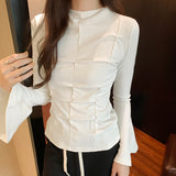 Style Simple Solid Color Flared Sleeve T-Shirt Women's Autumn And Winter New Style Chic Chic Thin