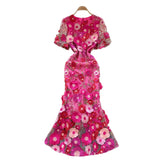 Fongt High-End Elegant Heavy Industry Flower Embroidery Round Collar Lantern Sleeves To Close The Waist Slim Slimmed Fishtail Dress Dress