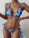 Bikini 2021 Mujer Women Solid Crystal Diamond Swimsuit Female Luxury Metal Chain Bandage Bathing Suit Thong
