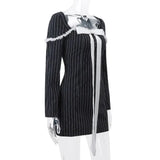 Black Stripe Long Sleeve Bow Mini Dress-Outfit