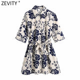 Women Vintage Short Sleeve Floral Print Casual Slim Shirt Dress Female Chic Single Breasted Sashes Mini Vestidos