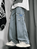 Men's Distressed Star Embroidered Loose Jeans-Outfit