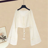 Women Summer Dresses Sets Korean Casual Straps Vest Black Dresses And Flare Sleeve Sunscreen Two Pieces Set