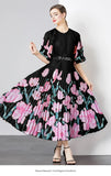 Fongt Exquisite Dress Women 2025 New Lazy Wind Collar Mid-Sleeves To Close The Waist Temperament 100-Fold Printing Skirt