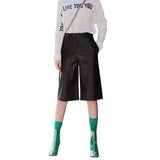 Size British Style Autumn Winter Women's PU Leather Short High Waist Motor Five Point Trouser Casual Straight