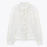 Women New Spring Autumn Blouses Elegant Long Sleeve White OL Shirt Ladies Solid Color Tops White Bow Tie