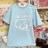 Kawaii Cat Print O-neck BaBy Blue T-shirts Summer Loose Oversize Cotton Tops Women Y2k Grunge Shoirt Sleeve Tee Shirt-Outfit