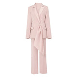 Solid Two Piece Set Womens Notched Collar Long Sleeve Blazer High Waist Wide Leg Pants Female Sets Fashion