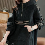 Korean Letter Spliced Pullovers Autumn Winter Women's Clothing Hooded Zipper Chic Drawstring Casual Pockets Sweatshirts-Outfit