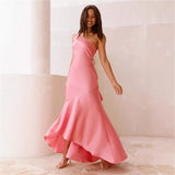 Spring Summer New Sexy Slanted Shoulder Strap Bare Back Fishtail Temperament Dress Woman