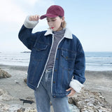 2023 Autumn / Winter New Net Red Retro Lamb Wool Denim Jacket Female Loose Lapel And Velvet And Thick Cotton Clothes And Padded Clothes-Outfit